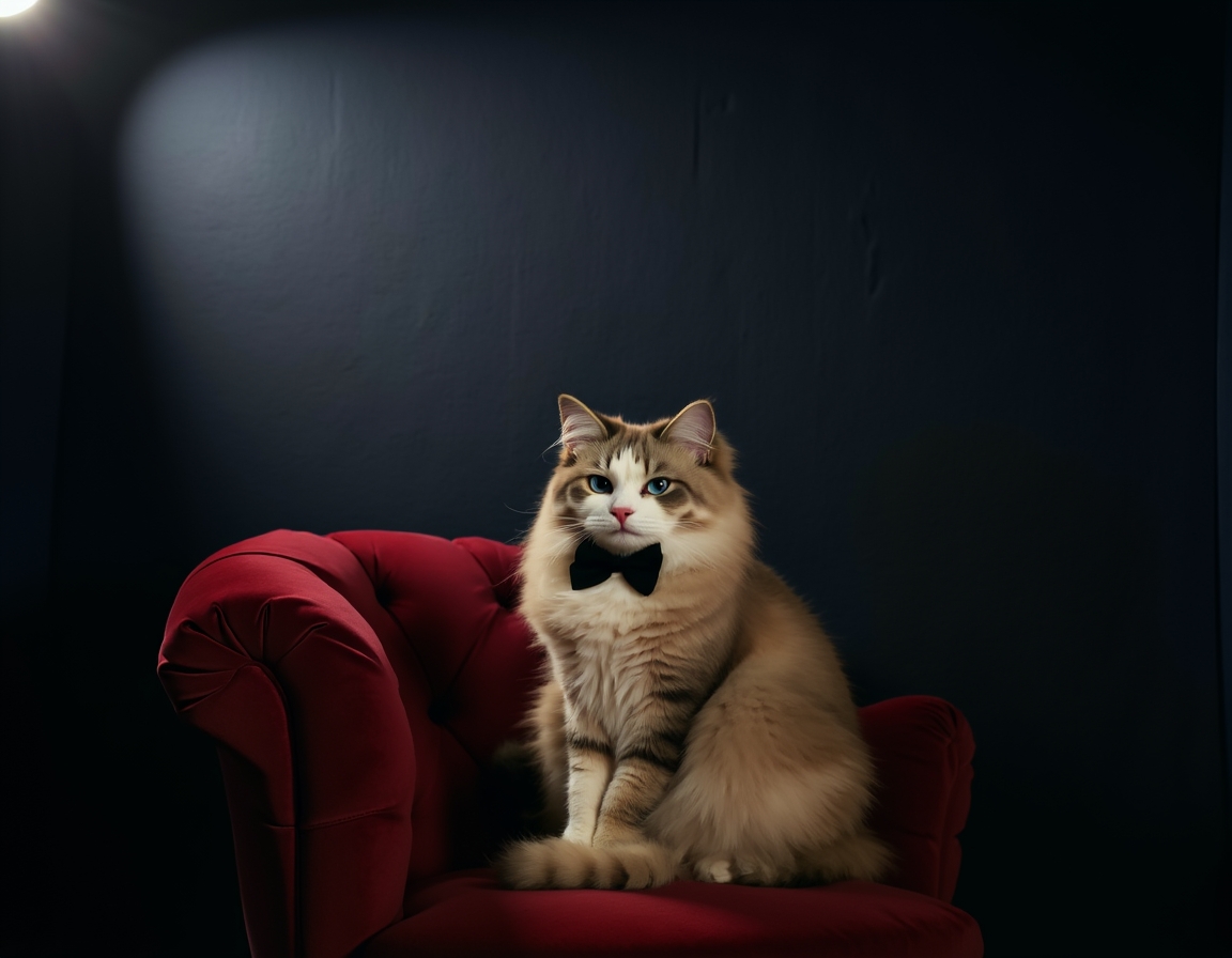 Photorealistic image of cat posed on a luxurious velvet chair in a studio. The backdrop is a deep navy blue with soft spotlighting that highlights the cat's fur and a sleek black bowtie, giving the scene a sophisticated, formal atmosphere.